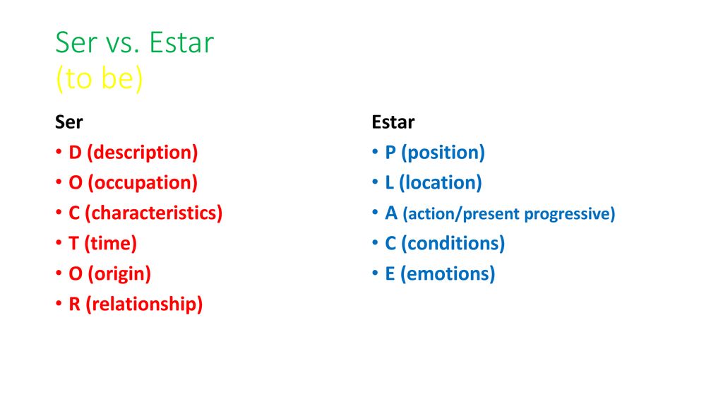 Ser vs. Estar (to be) Ser D (description) O (occupation)