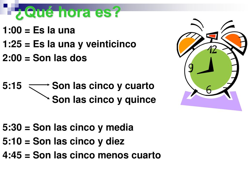 ¿Qué hora es 1:00 = Es la una 1:25 = Es la una y veinticinco