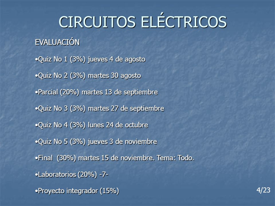 CIRCUITOS ELÉCTRICOS EVALUACIÓN Quiz No 1 (3%) jueves 4 de agosto