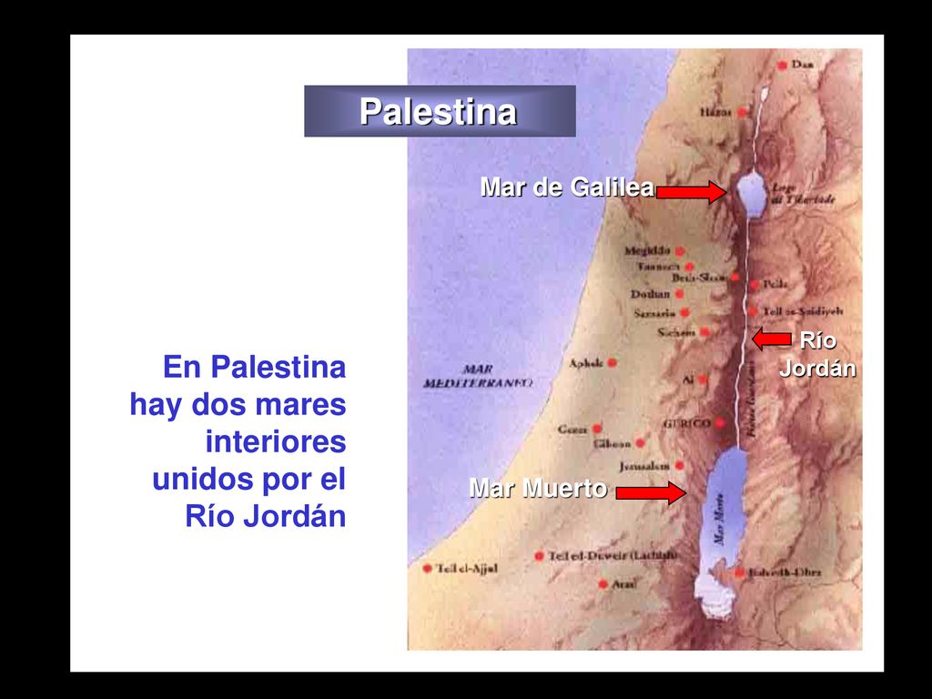 Palestina Mar de Galilea. Río Jordán. En Palestina hay dos mares interiores unidos por el Río Jordán.