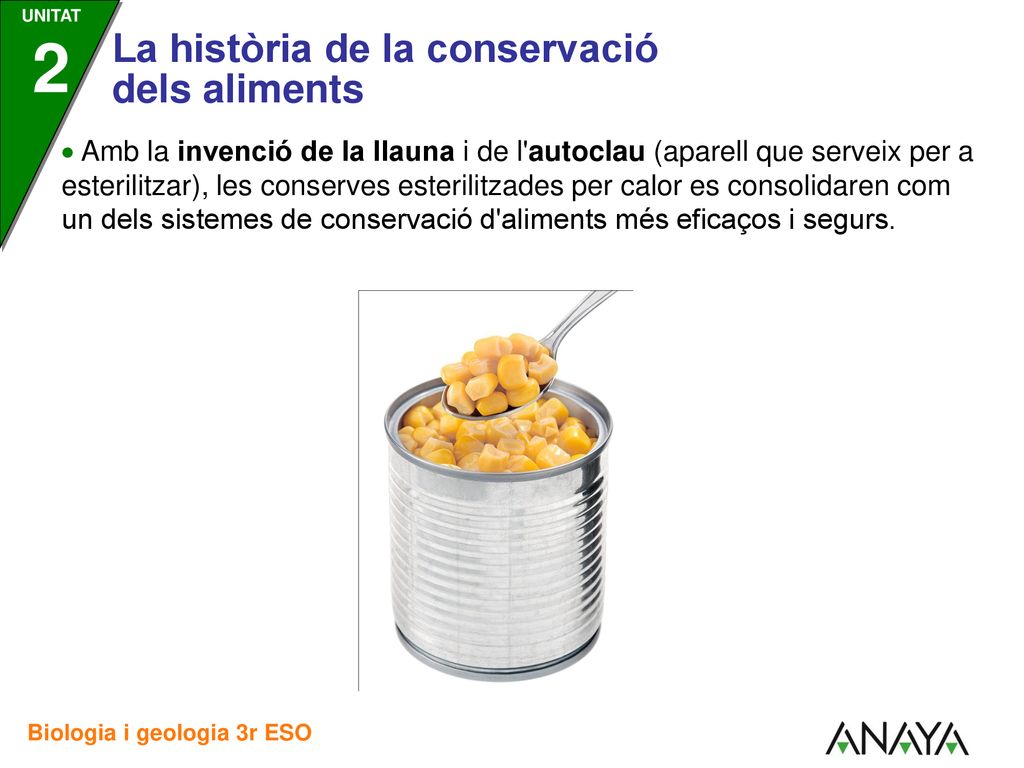 Amb la invenció de la llauna i de l autoclau (aparell que serveix per a esterilitzar), les conserves esterilitzades per calor es consolidaren com un dels sistemes de conservació d aliments més eficaços i segurs.