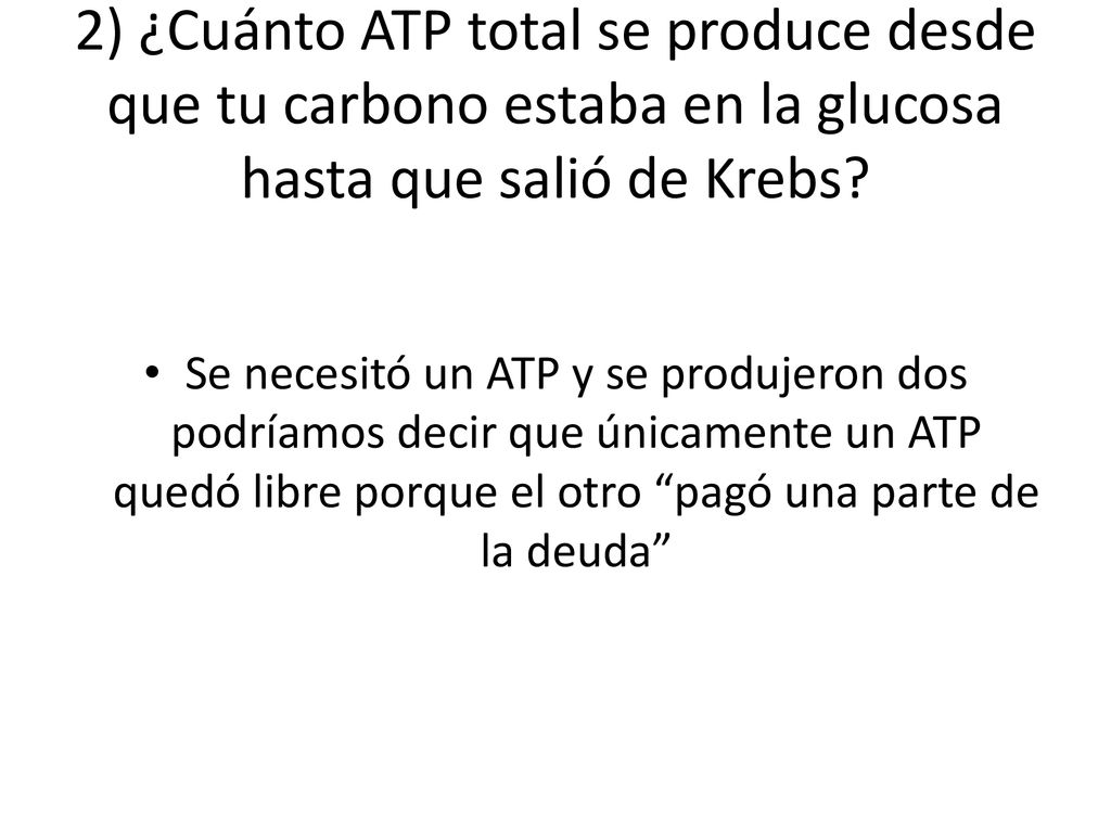 2) ¿Cuánto ATP total se produce desde que tu carbono estaba en la glucosa hasta que salió de Krebs