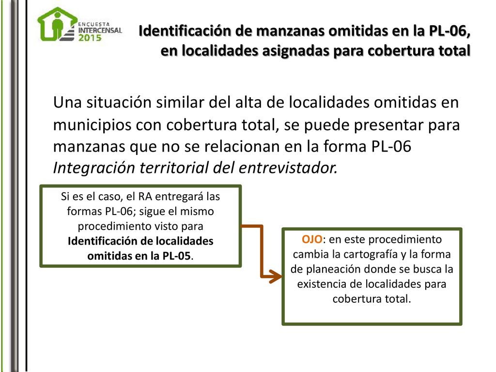 Identificación de manzanas omitidas en la PL-06, en localidades asignadas para cobertura total