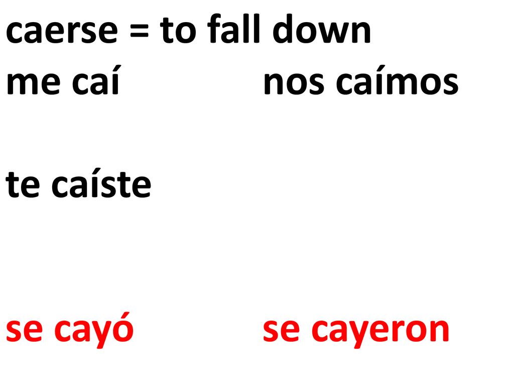 caerse = to fall down me caí nos caímos te caíste se cayó se cayeron