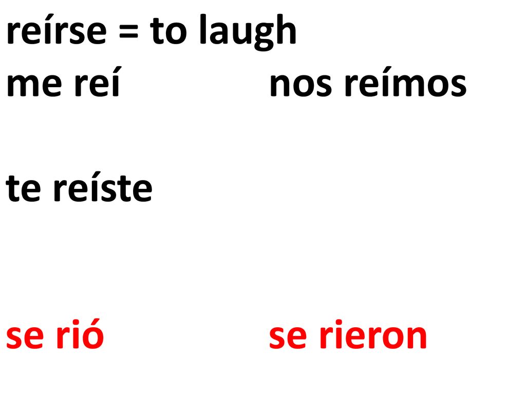 reírse = to laugh me reí nos reímos te reíste se rió se rieron