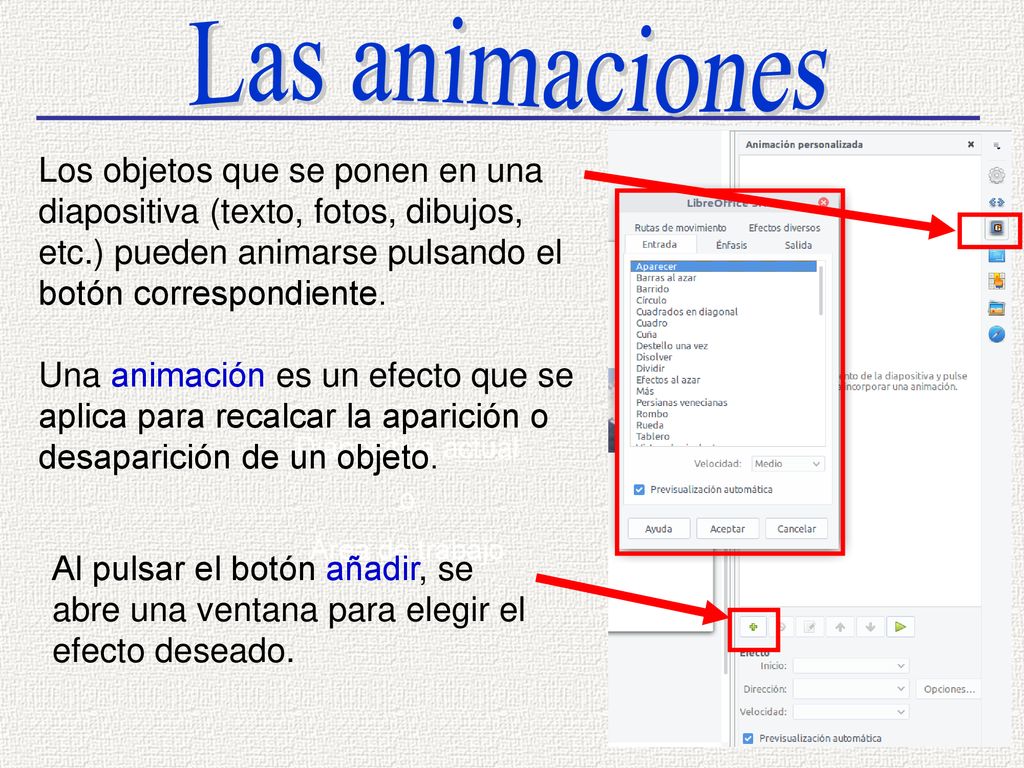 Las animaciones Los objetos que se ponen en una diapositiva (texto, fotos, dibujos, etc.) pueden animarse pulsando el botón correspondiente.