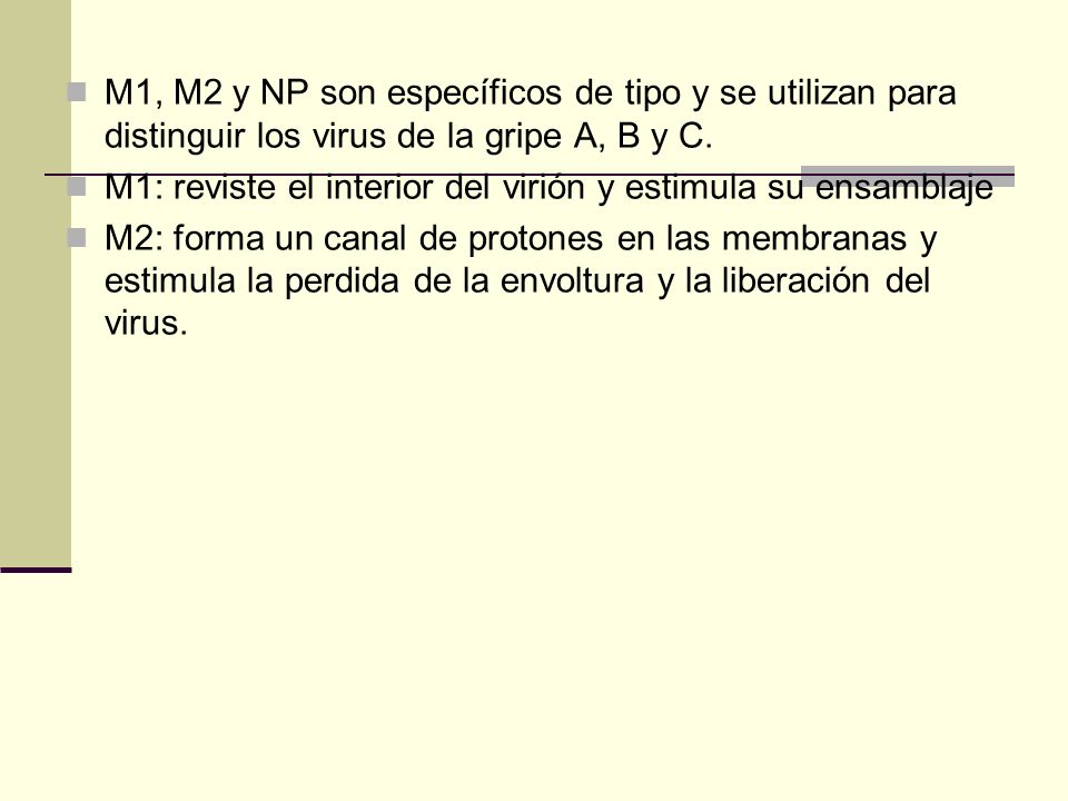 M1, M2 y NP son específicos de tipo y se utilizan para distinguir los virus de la gripe A, B y C.
