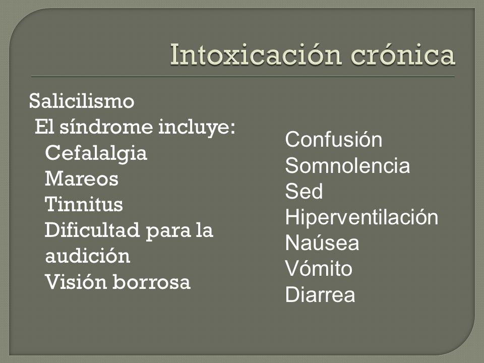 Intoxicación crónica Salicilismo El síndrome incluye: Cefalalgia Mareos Tinnitus Dificultad para la audición Visión borrosa
