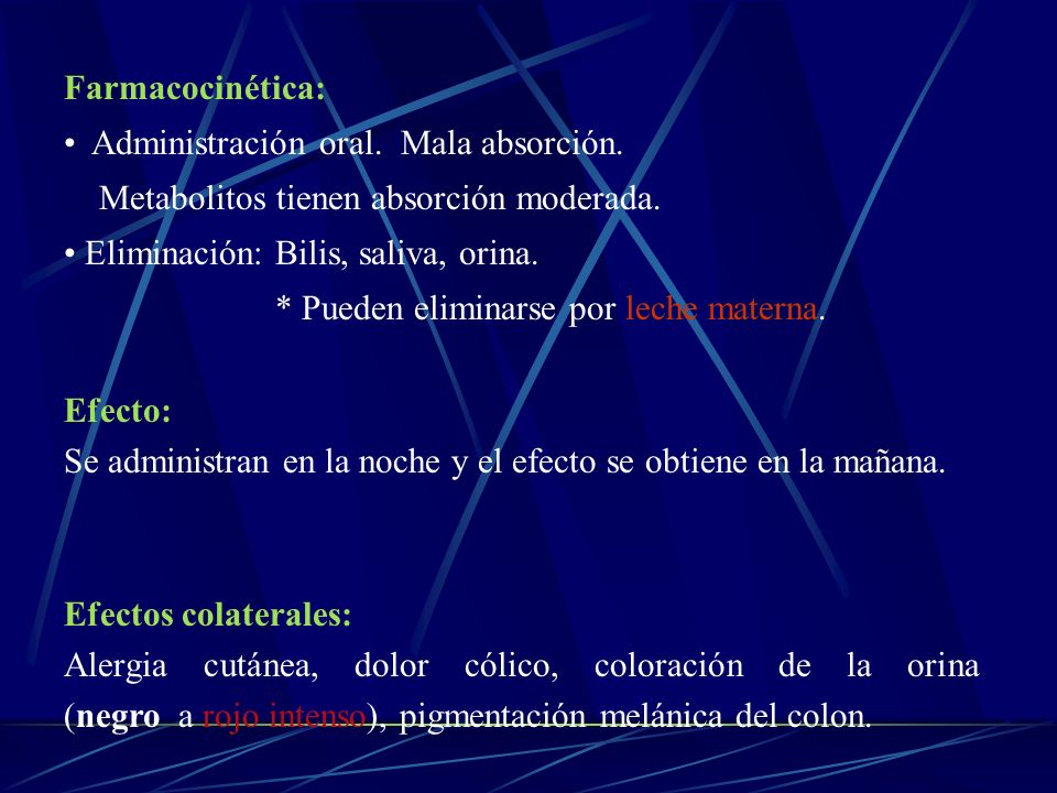 Farmacocinética: Administración oral. Mala absorción. Metabolitos tienen absorción moderada. Eliminación: Bilis, saliva, orina.