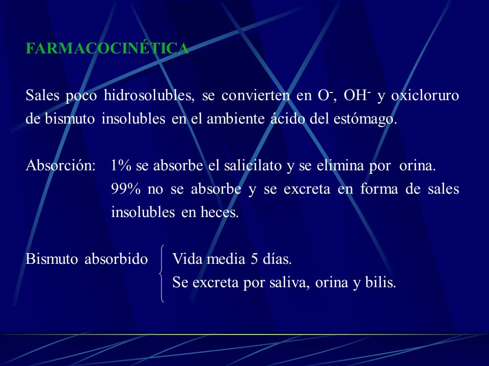 FARMACOCINÉTICA Sales poco hidrosolubles, se convierten en O-, OH- y oxicloruro de bismuto insolubles en el ambiente ácido del estómago.