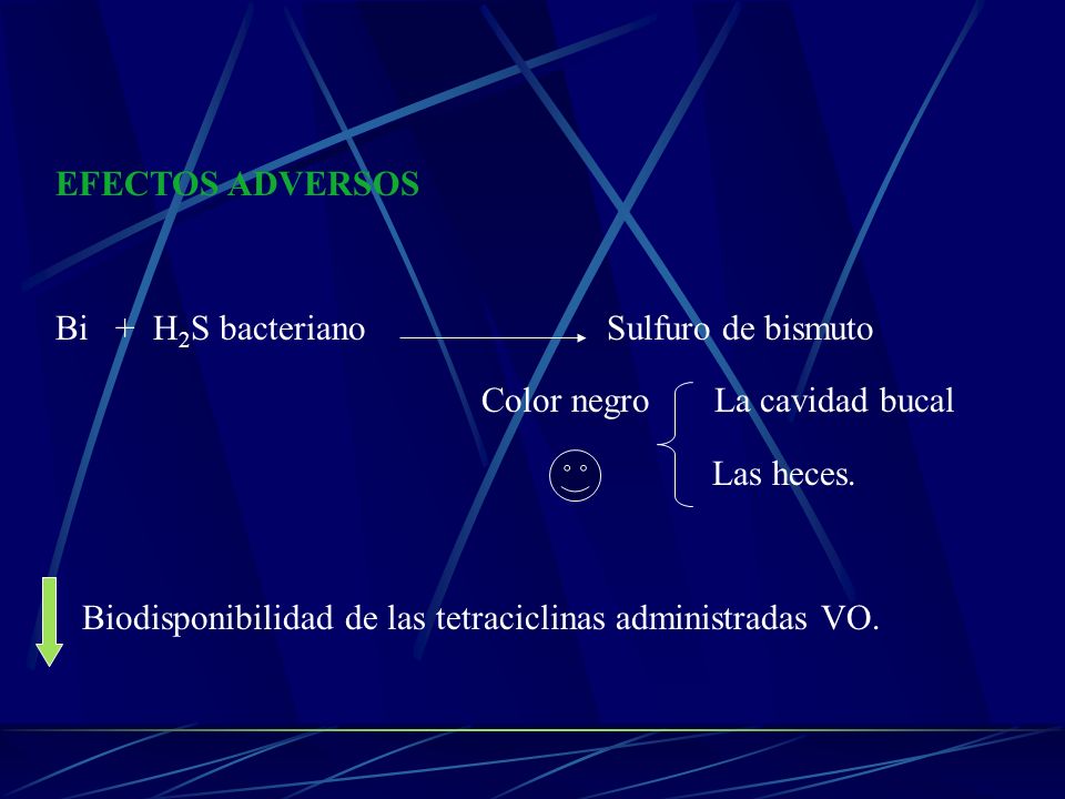 EFECTOS ADVERSOS Bi + H2S bacteriano Sulfuro de bismuto. Color negro La cavidad bucal.