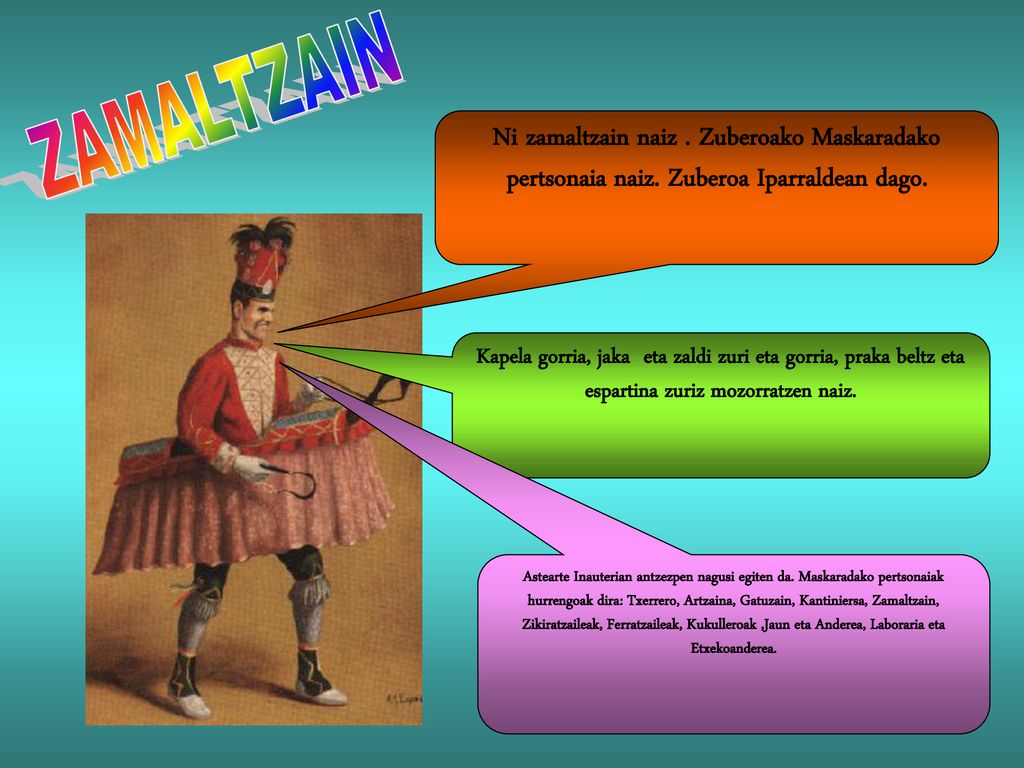 ZAMALTZAIN Ni zamaltzain naiz . Zuberoako Maskaradako pertsonaia naiz. Zuberoa Iparraldean dago.