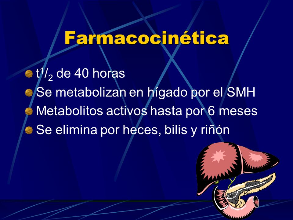Farmacocinética t1/2 de 40 horas Se metabolizan en hígado por el SMH