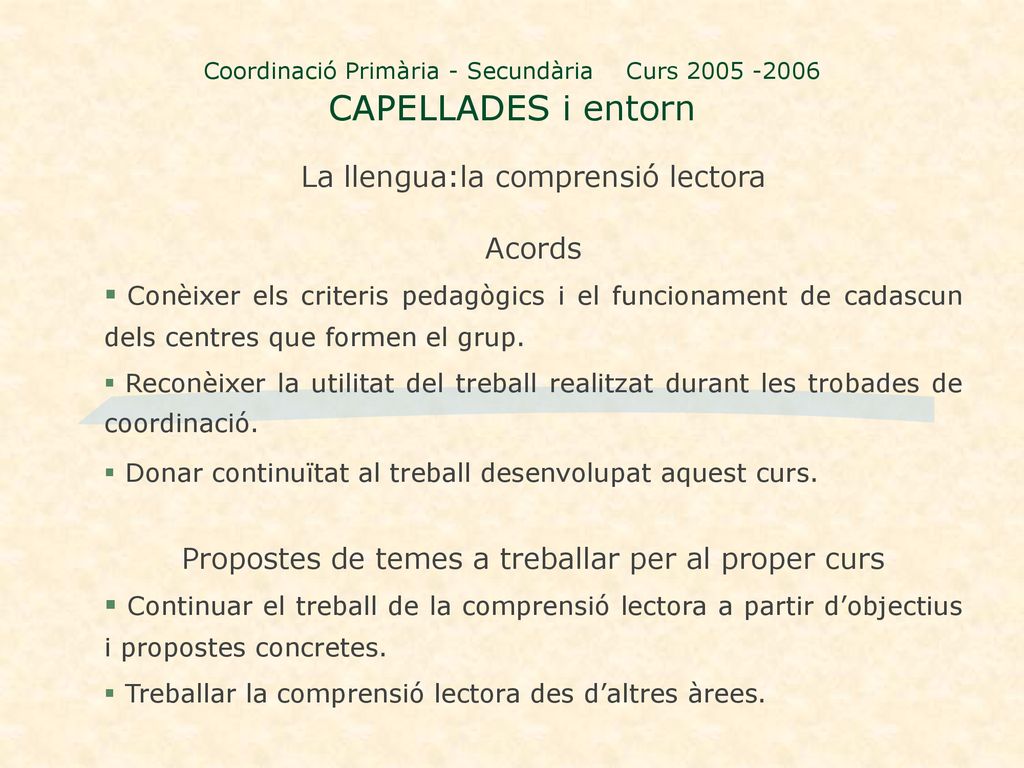Coordinació Primària - Secundària Curs CAPELLADES i entorn