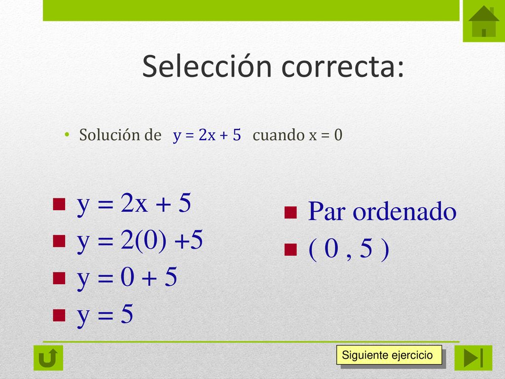 Selección correcta: y = 2x + 5 Par ordenado y = 2(0) +5 ( 0 , 5 )