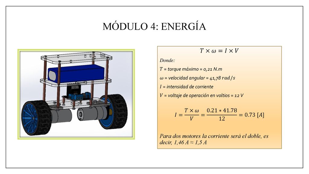 MÓDULO 4: ENERGÍA 𝑇×𝜔=𝐼×𝑉 𝐼= 𝑇×𝜔 𝑉 = 0.21∗ =0.73 [𝐴]