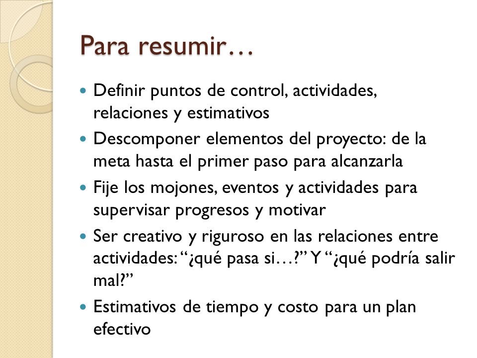 Para resumir… Definir puntos de control, actividades, relaciones y estimativos.