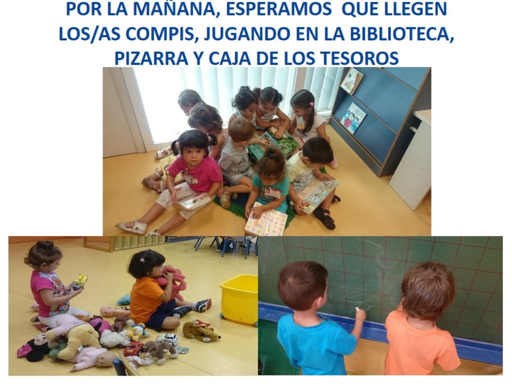 POR LA MAÑANA, ESPERAMOS QUE LLEGEN LOS/AS COMPIS, JUGANDO EN LA BIBLIOTECA, PIZARRA Y CAJA DE LOS TESOROS