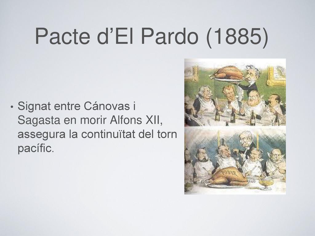 Pacte d’El Pardo (1885) Signat entre Cánovas i Sagasta en morir Alfons XII, assegura la continuïtat del torn pacífic.