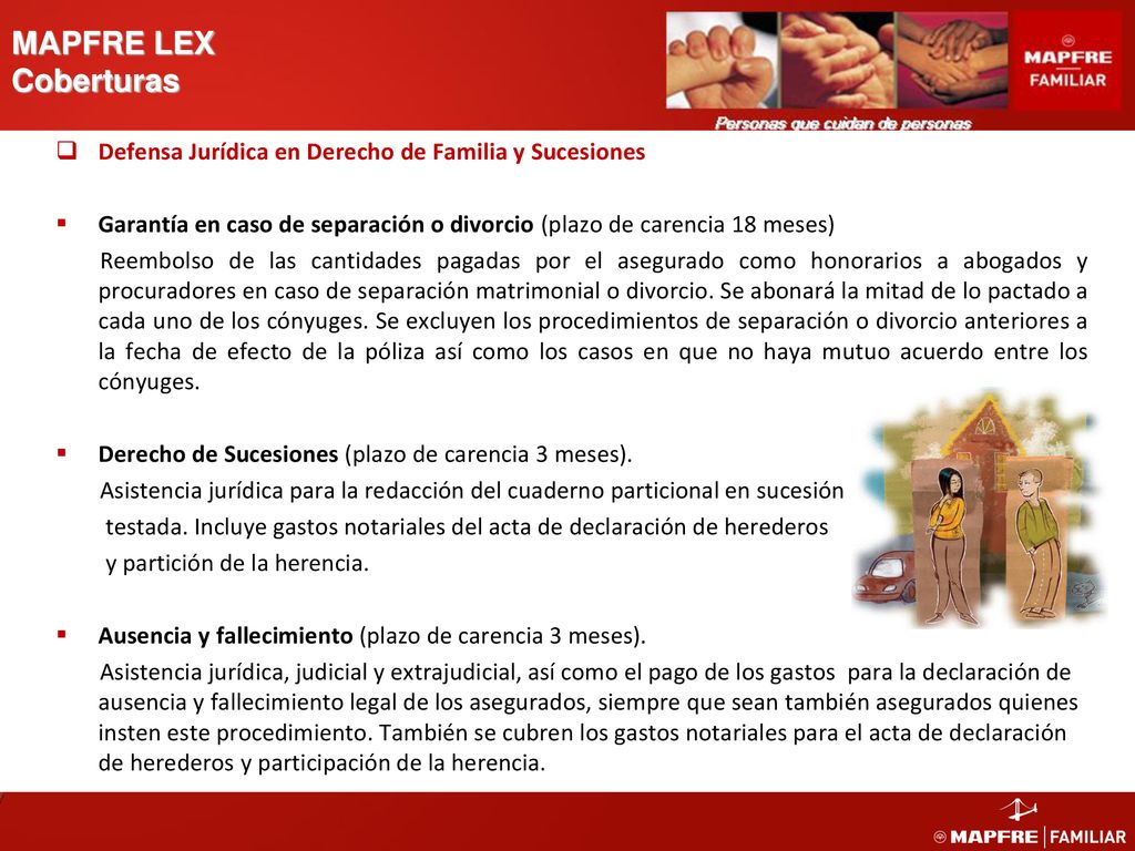 MAPFRE LEX Coberturas Defensa Jurídica en Derecho de Familia y Sucesiones. Garantía en caso de separación o divorcio (plazo de carencia 18 meses)