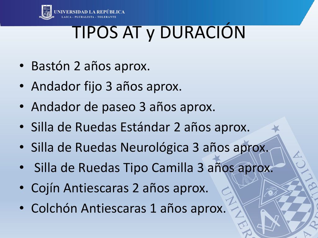 TIPOS AT y DURACIÓN Bastón 2 años aprox. Andador fijo 3 años aprox.