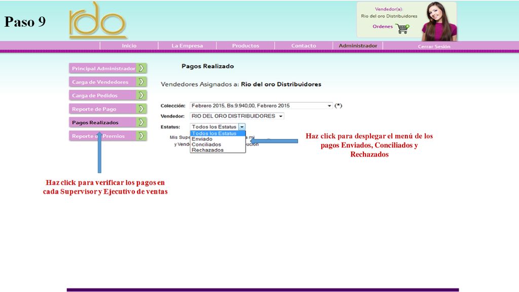 Haz click para desplegar el menú de los pagos Enviados, Conciliados y Rechazados