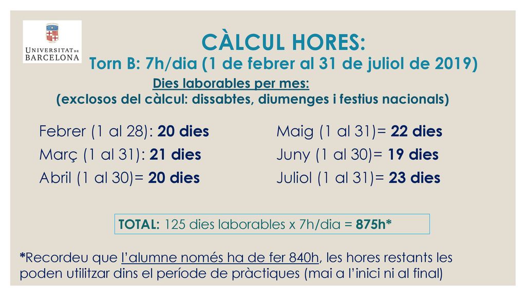 CÀLCUL HORES: Torn B: 7h/dia (1 de febrer al 31 de juliol de 2019)