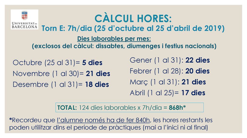 CÀLCUL HORES: Torn E: 7h/dia (25 d’octubre al 25 d’abril de 2019)