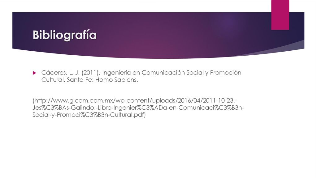 Bibliografía Cáceres, L. J. (2011). Ingeniería en Comunicación Social y Promoción Cultural. Santa Fe: Homo Sapiens.