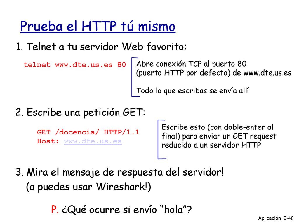 Prueba el HTTP tú mismo 1. Telnet a tu servidor Web favorito: