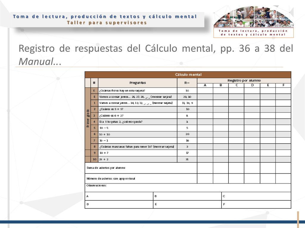 Registro de respuestas del Cálculo mental, pp. 36 a 38 del Manual...