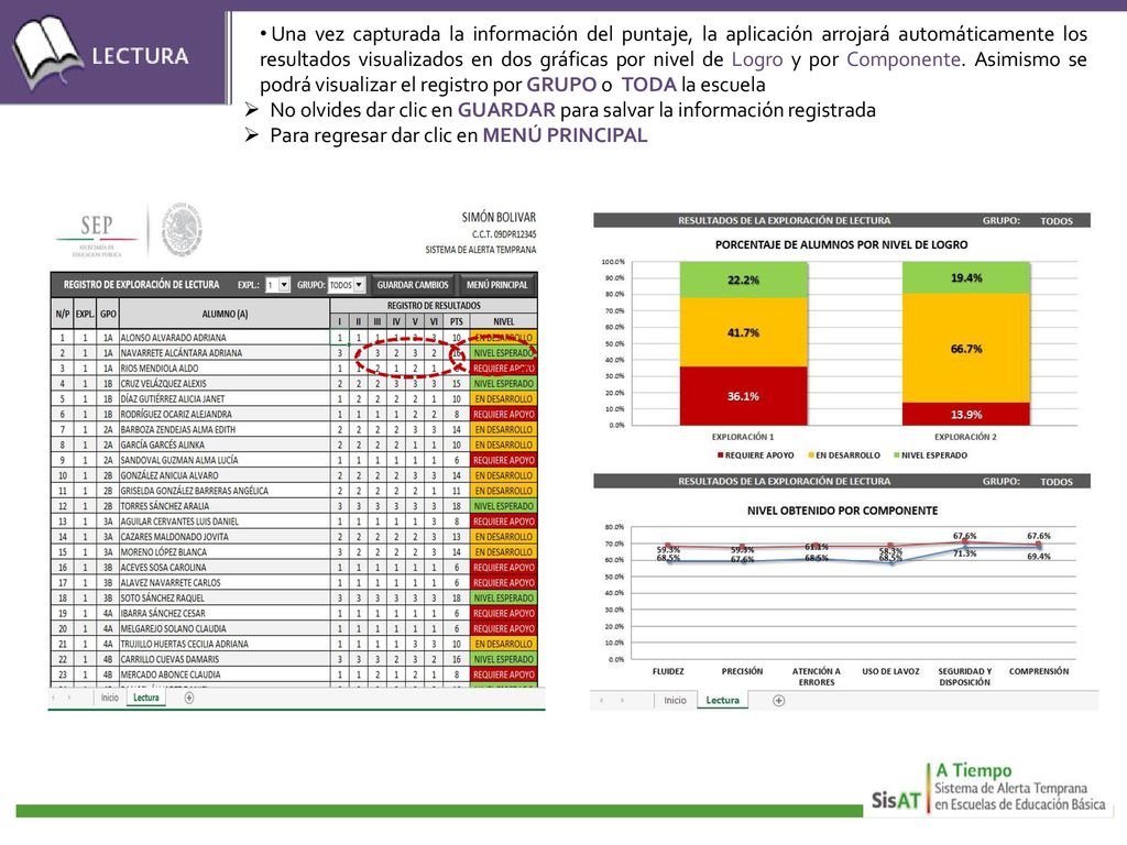 Una vez capturada la información del puntaje, la aplicación arrojará automáticamente los resultados visualizados en dos gráficas por nivel de Logro y por Componente. Asimismo se podrá visualizar el registro por GRUPO o TODA la escuela