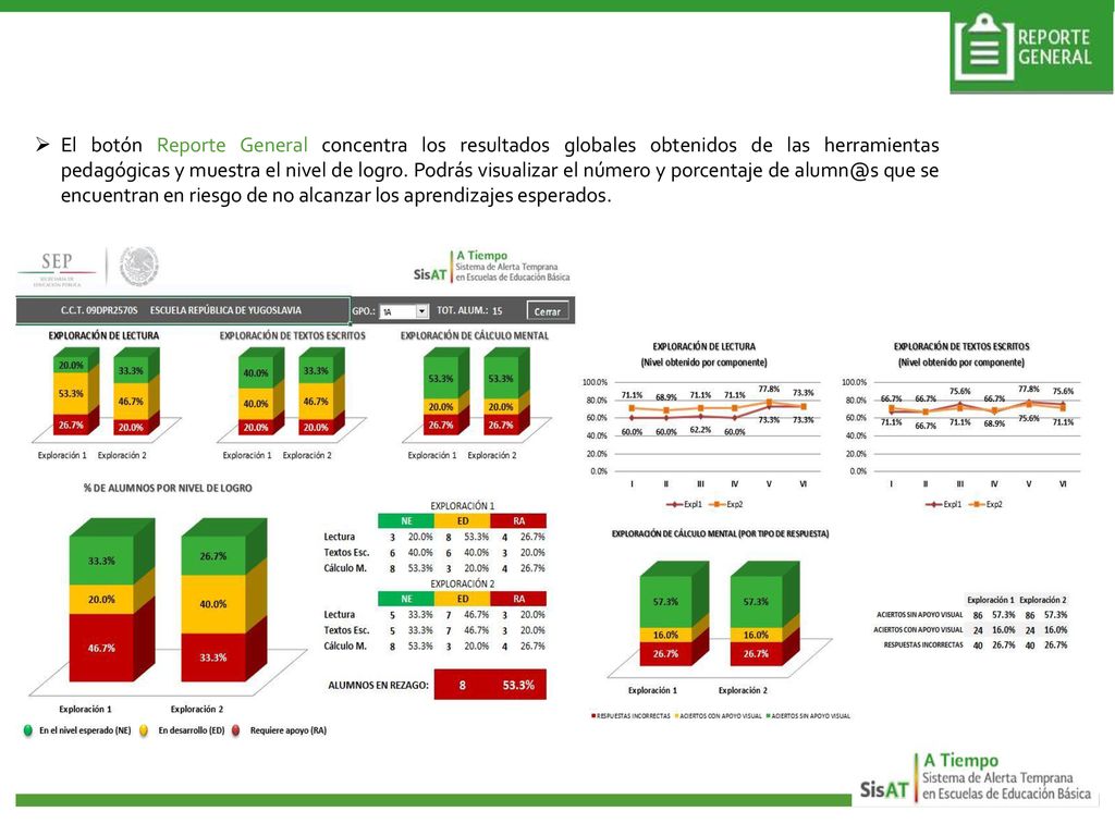 El botón Reporte General concentra los resultados globales obtenidos de las herramientas pedagógicas y muestra el nivel de logro.