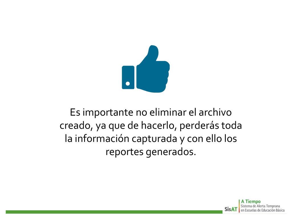 Es importante no eliminar el archivo creado, ya que de hacerlo, perderás toda la información capturada y con ello los reportes generados.