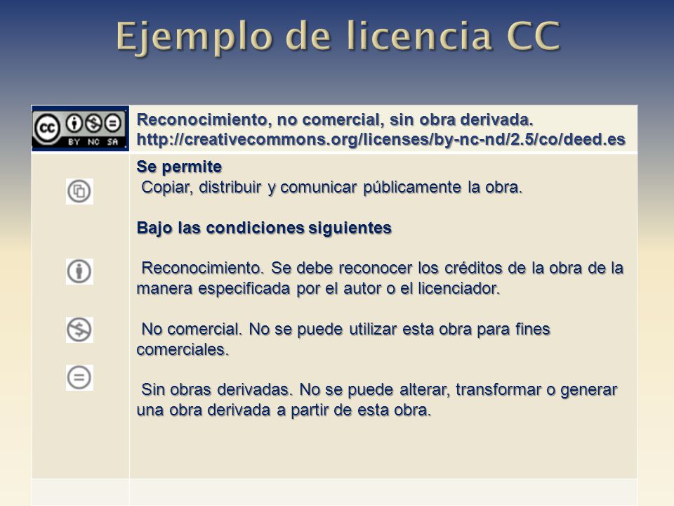 Ejemplo de licencia CC Reconocimiento, no comercial, sin obra derivada.