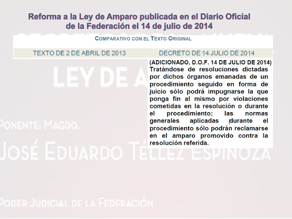 Reforma a la Ley de Amparo publicada en el Diario Oficial de la Federación el 14 de julio de 2014