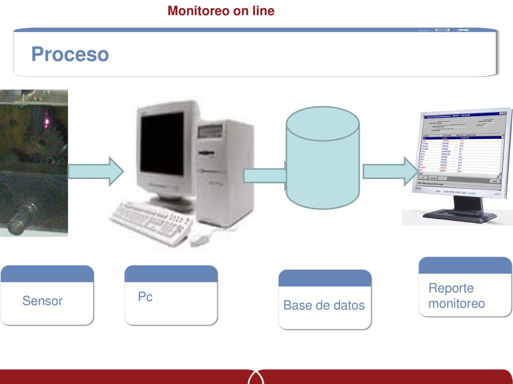 Monitoreo on line Proceso Sensor Pc Base de datos Reporte monitoreo