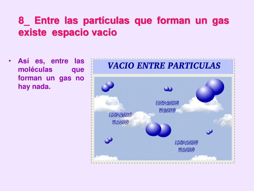 8_ Entre las partículas que forman un gas existe espacio vacío