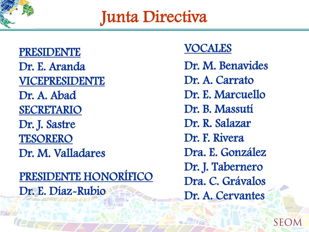 Junta Directiva VOCALES PRESIDENTE Dr. E. Aranda Dr. M. Benavides