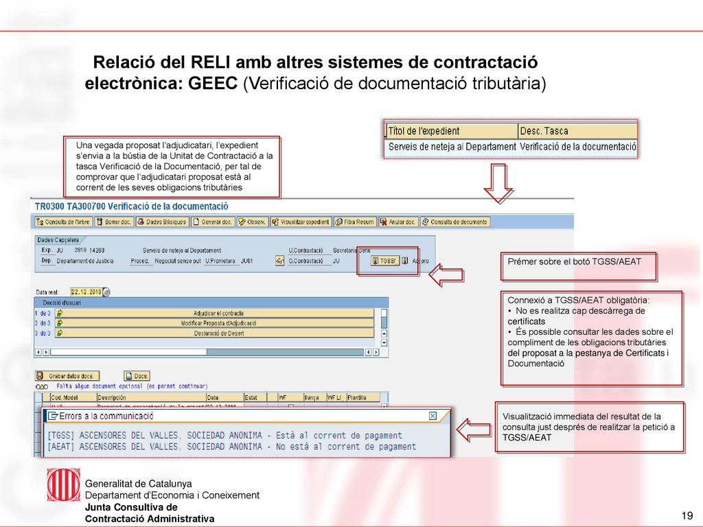 Relació del RELI amb altres sistemes de contractació electrònica: GEEC (Verificació de documentació tributària)