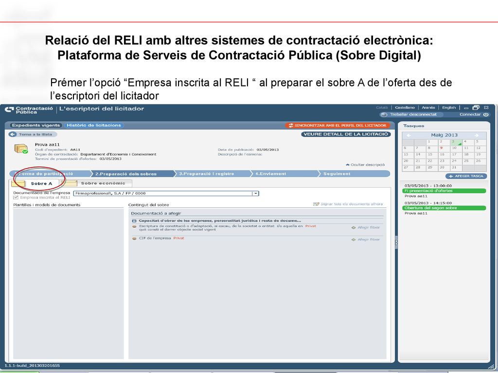 Relació del RELI amb altres sistemes de contractació electrònica: Plataforma de Serveis de Contractació Pública (Sobre Digital)