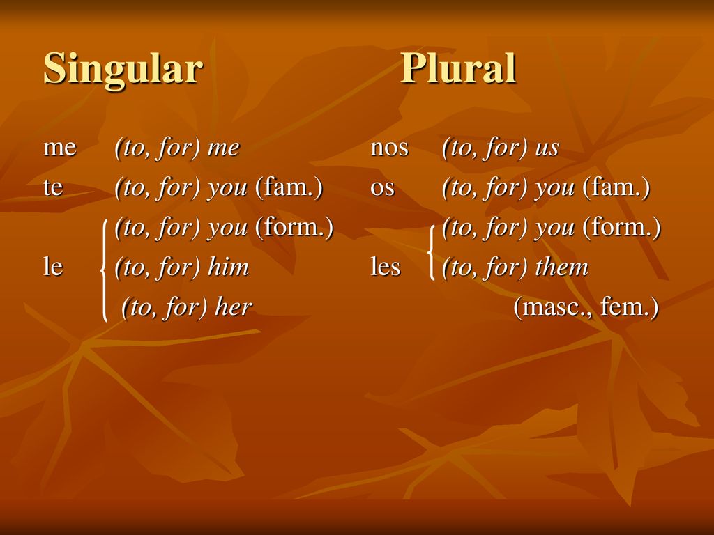 Singular Plural me (to, for) me te (to, for) you (fam.)
