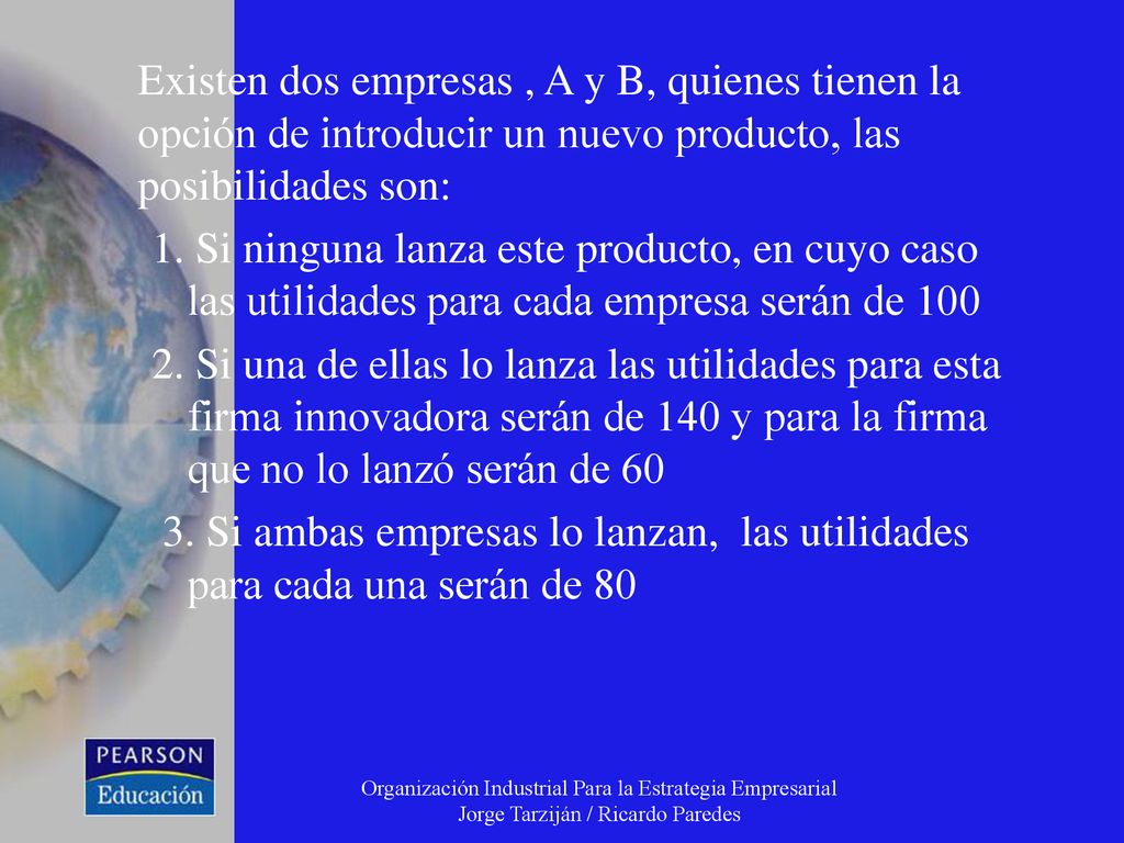 Existen dos empresas , A y B, quienes tienen la opción de introducir un nuevo producto, las posibilidades son: