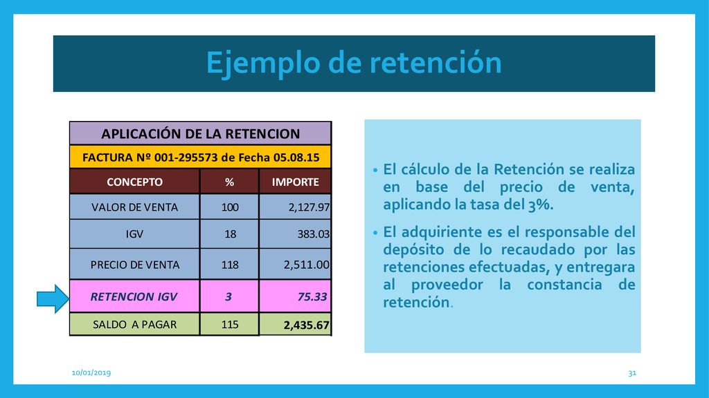Ejemplo de retención El cálculo de la Retención se realiza en base del precio de venta, aplicando la tasa del 3%.