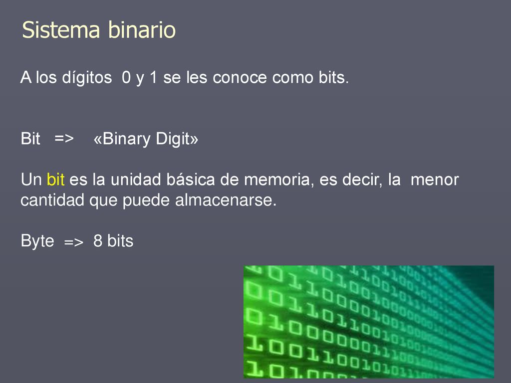 Sistema binario A los dígitos 0 y 1 se les conoce como bits.