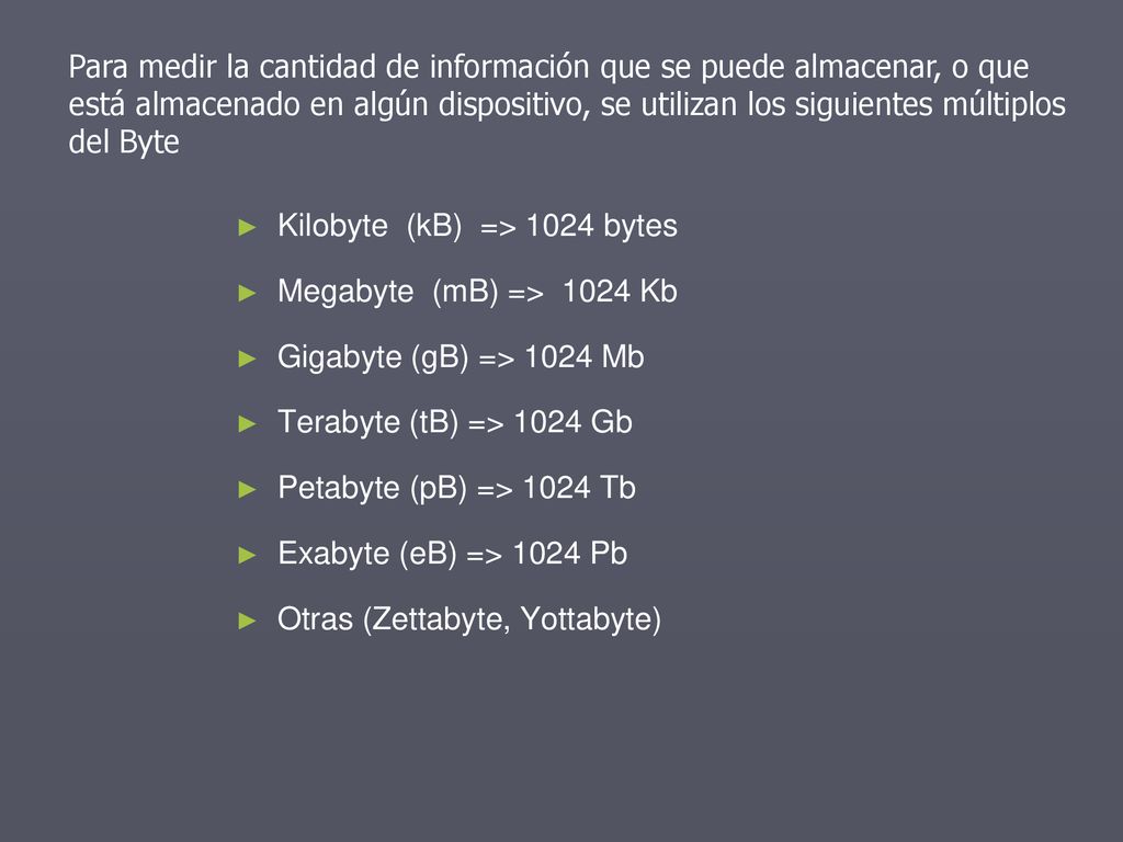 Para medir la cantidad de información que se puede almacenar, o que está almacenado en algún dispositivo, se utilizan los siguientes múltiplos del Byte