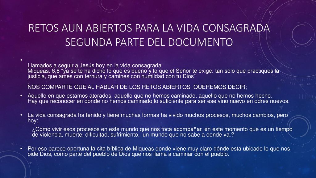 Retos aun abiertos para la vida consagrada Segunda parte del documento