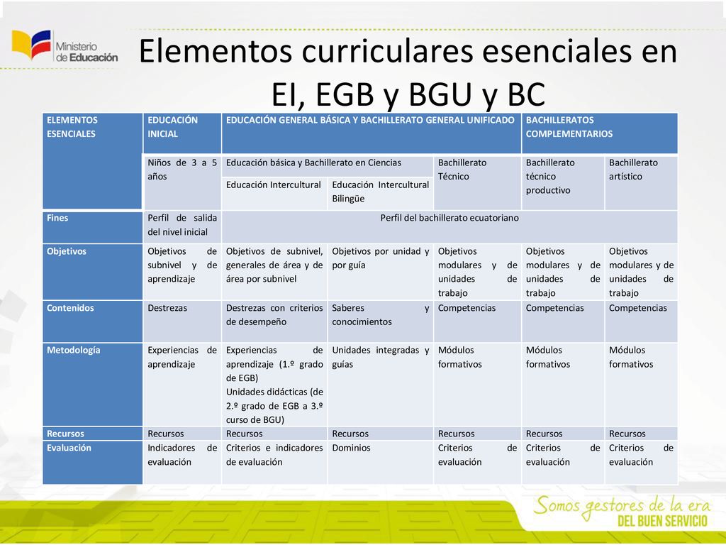 Elementos curriculares esenciales en EI, EGB y BGU y BC
