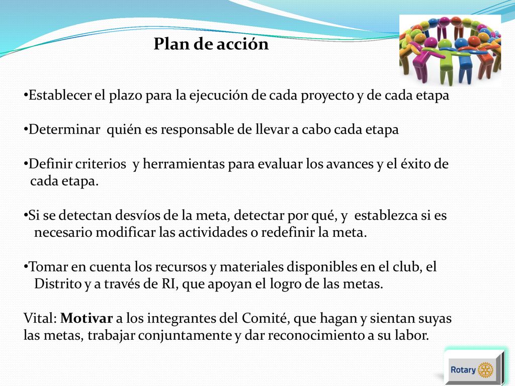 Plan de acción Establecer el plazo para la ejecución de cada proyecto y de cada etapa. Determinar quién es responsable de llevar a cabo cada etapa.