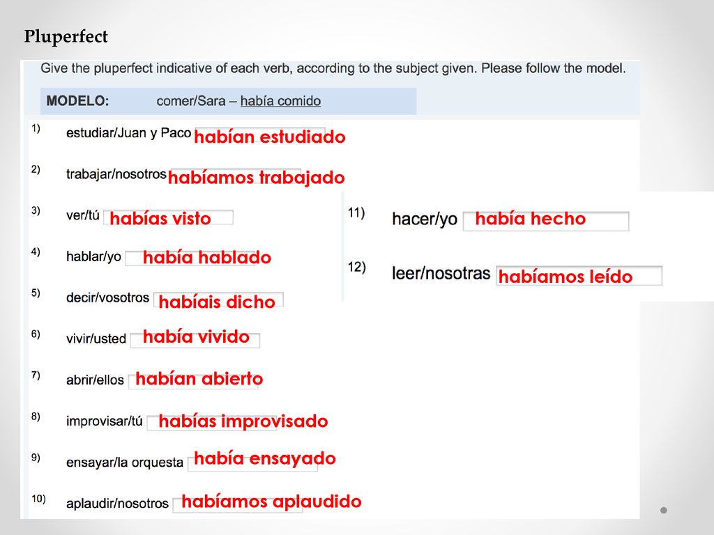 Pluperfect habían estudiado. habíamos trabajado. habías visto. había hecho. había hablado. habíamos leído.